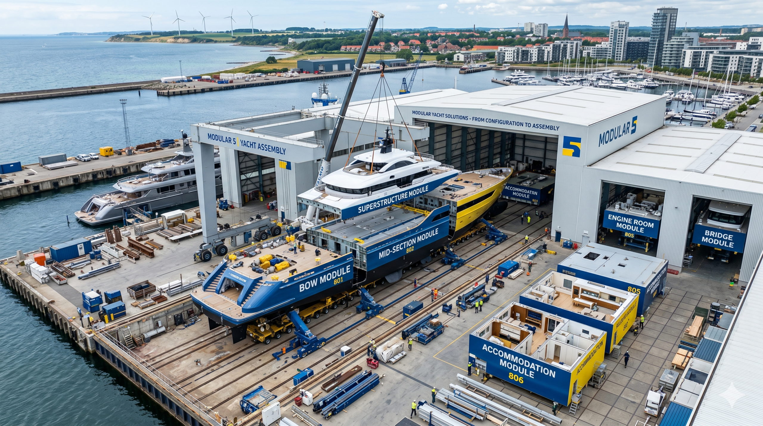 Modular Marine Engineering Aerial view of a shipyard where a yacht is assembled from prefabricated modules