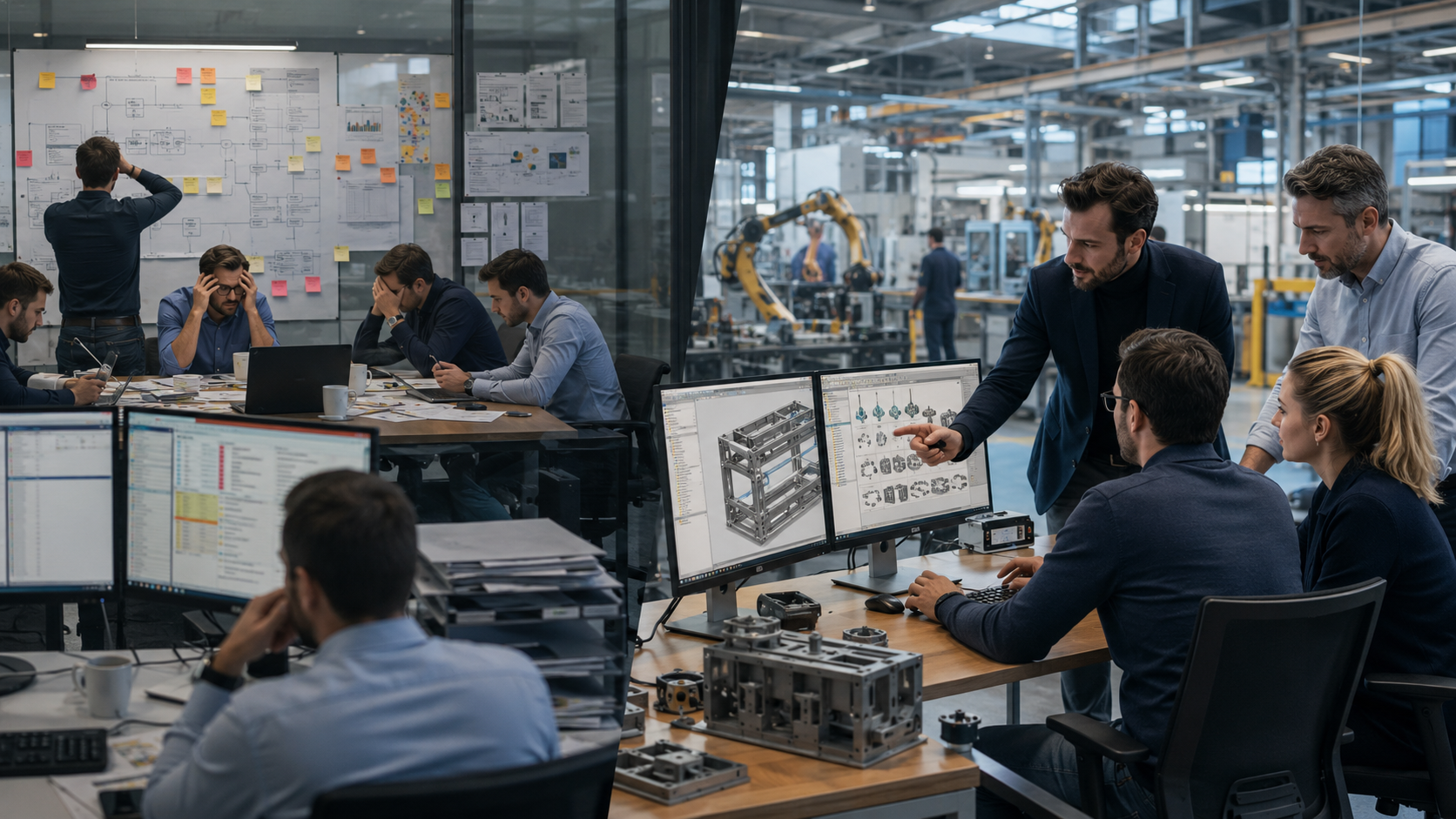 Consultancy and engineering in one approach Consultants planning at a whiteboard next to engineers working on 3D machine models