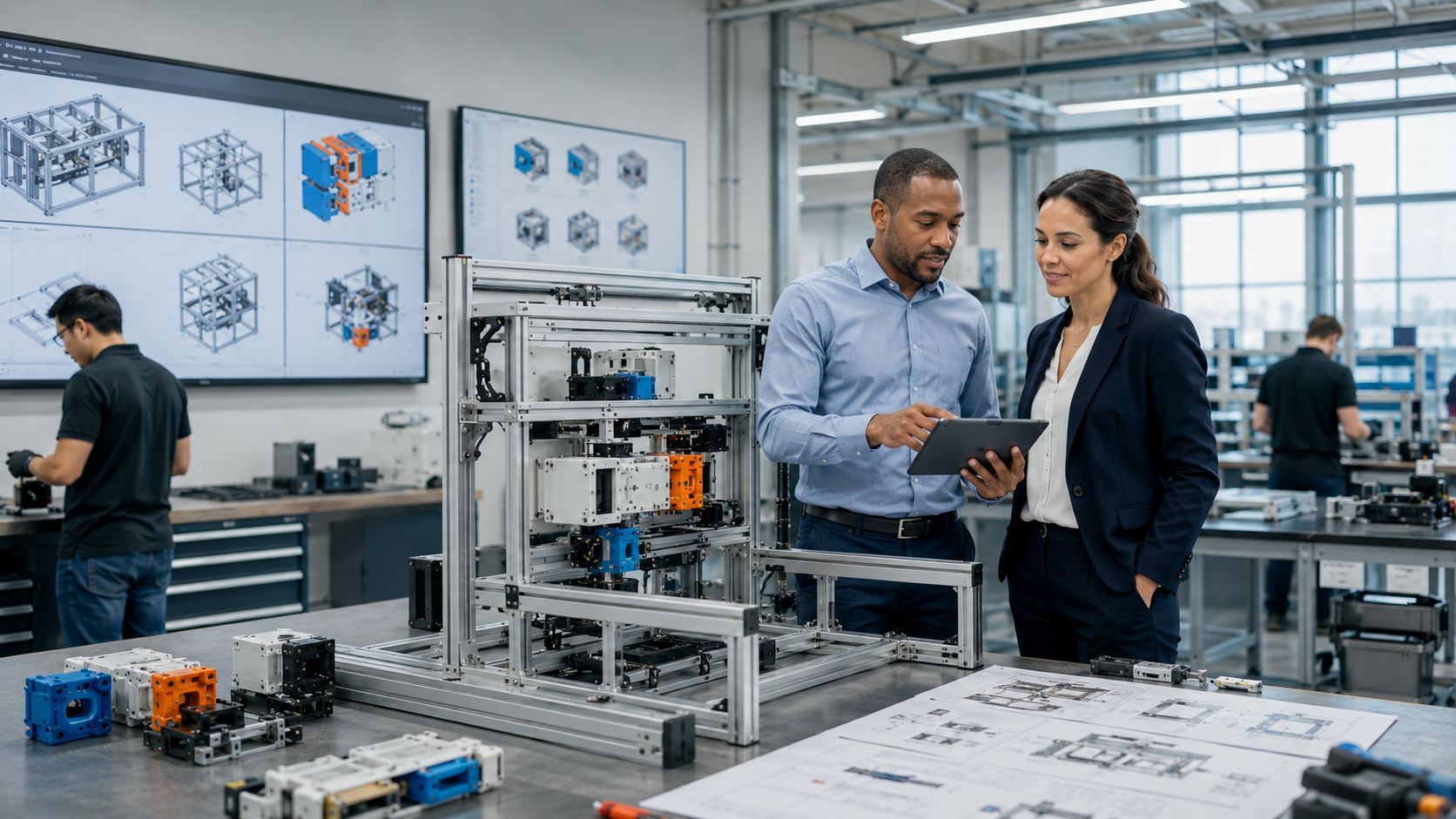 Modular Machine Building Two engineers reviewing a modular machine frame in a workshop