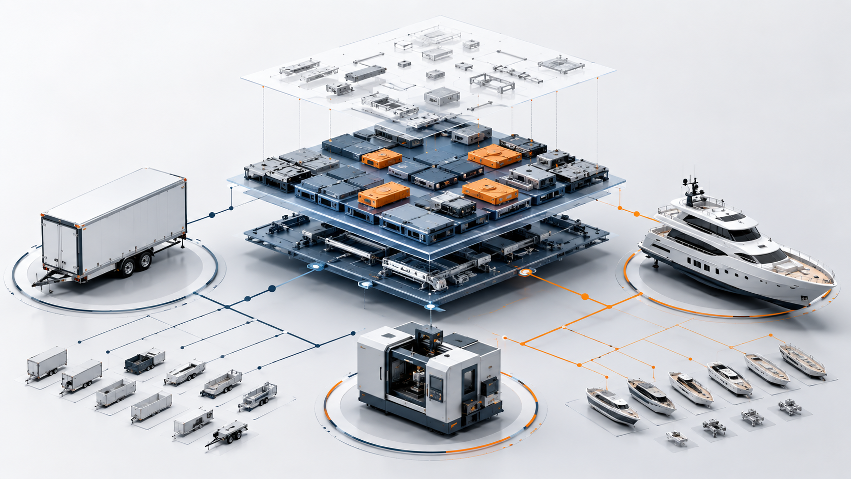Modular product architecture shared across trailers, machines and yachts