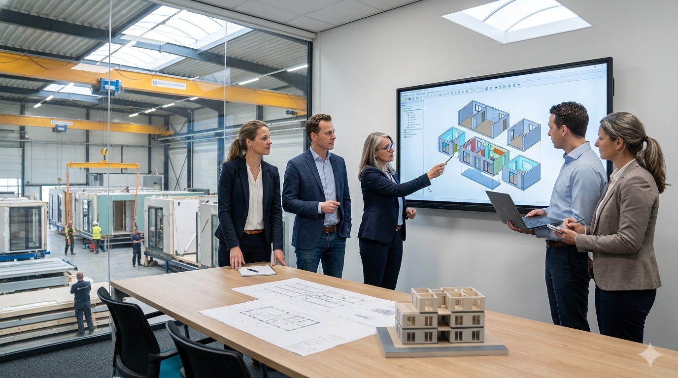 Modular Construction Engineering Project team reviewing a 3D model of a modular housing project on a large screen