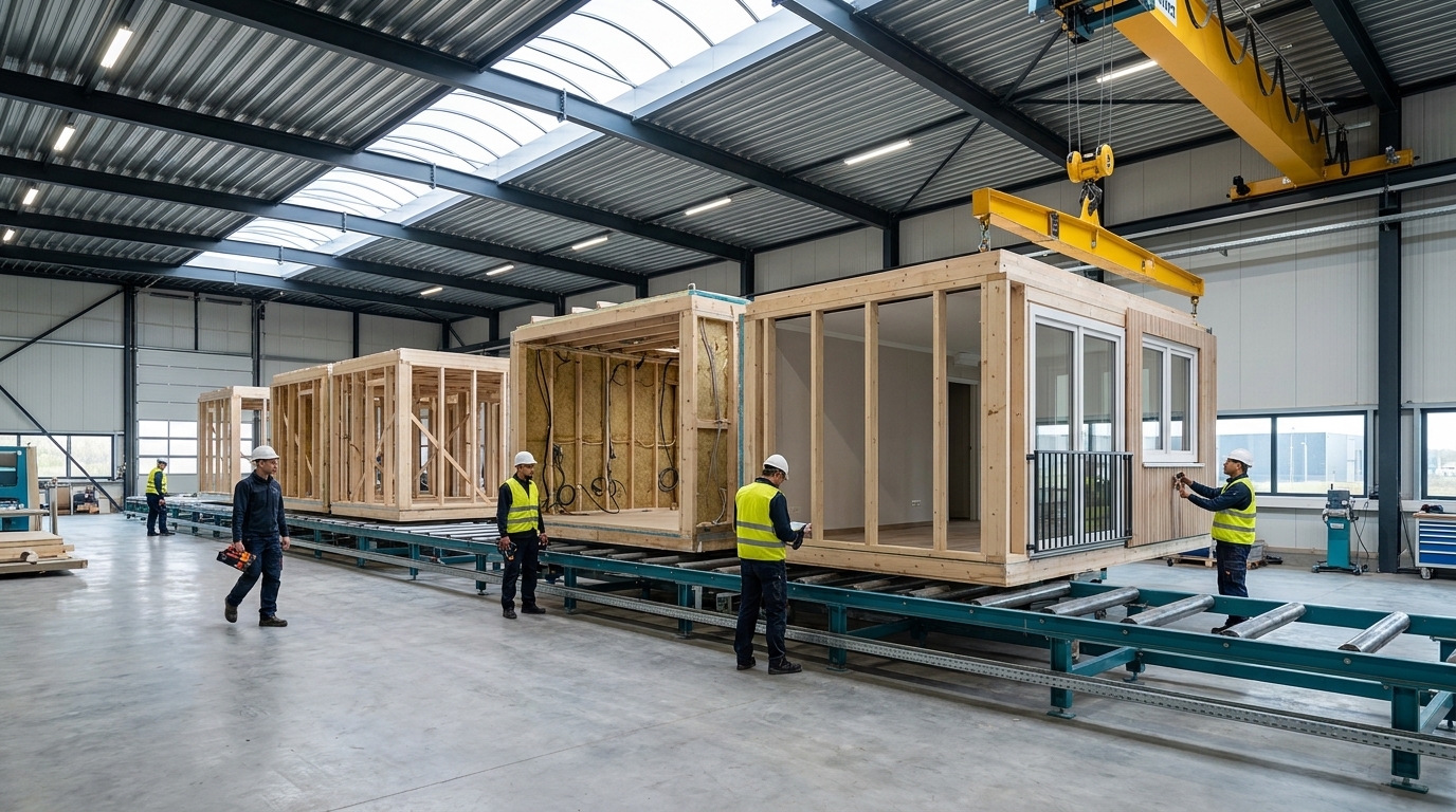 Prefabricated housing modules on an assembly line in a factory