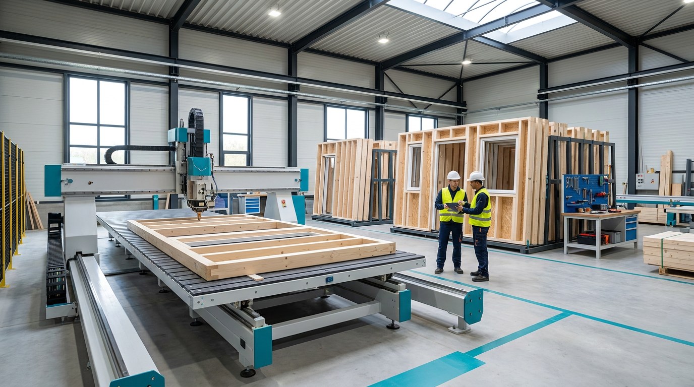 Automated production line for timber frame wall panels in a housing factory