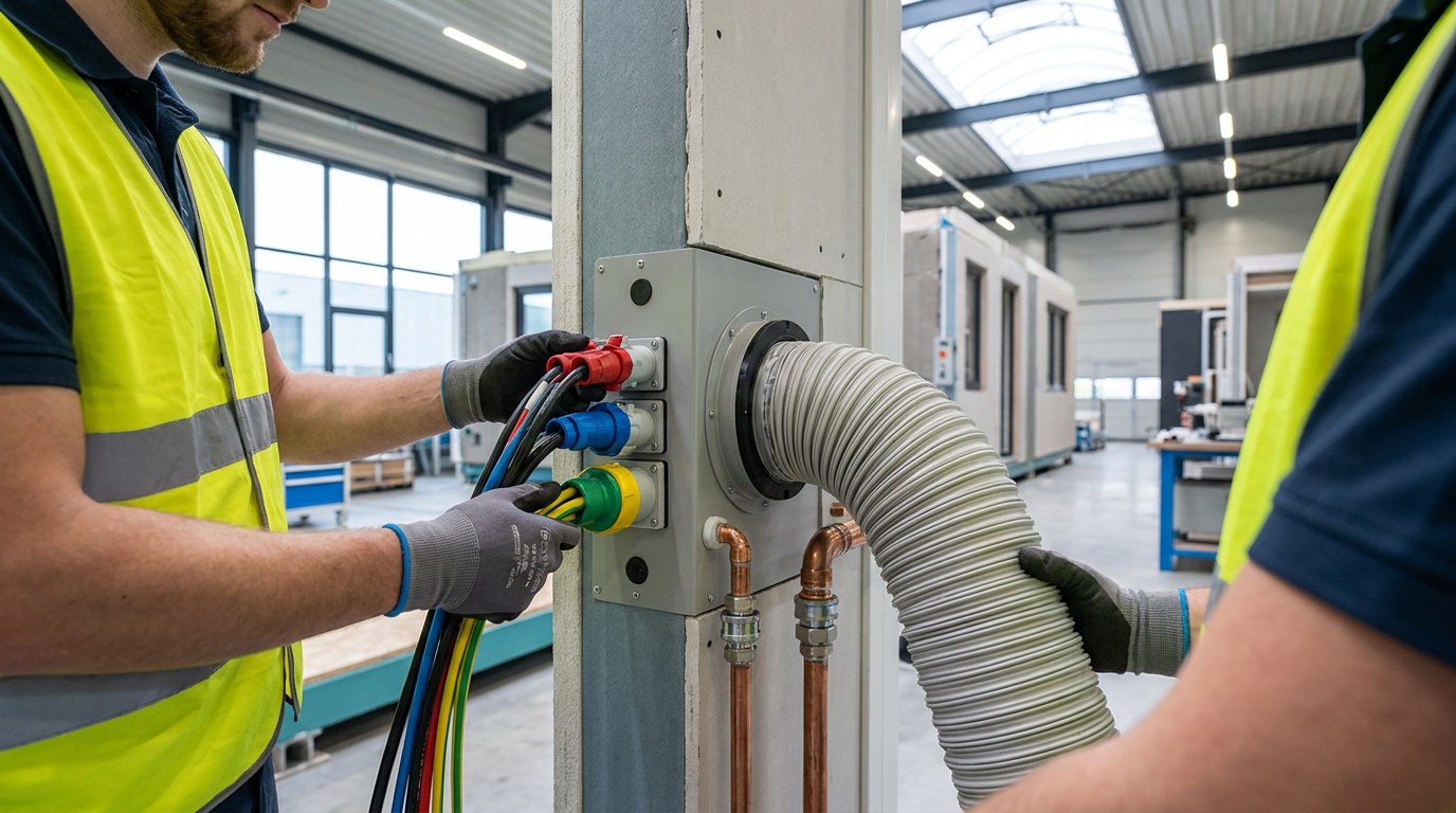 Technician connecting standardized plug-and-play interfaces between two building modules