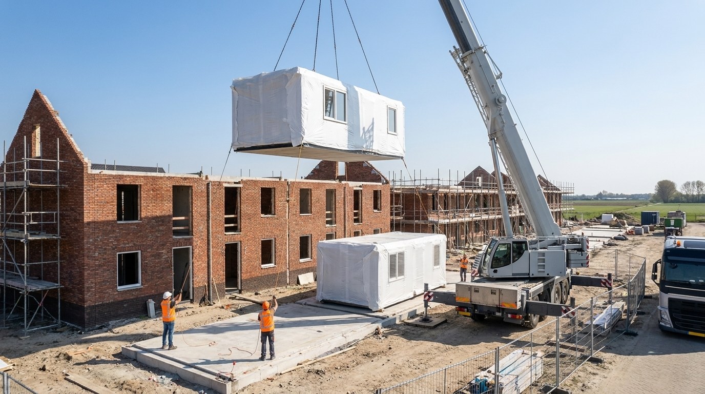 Crane lifting a prefabricated housing module onto a residential construction site
