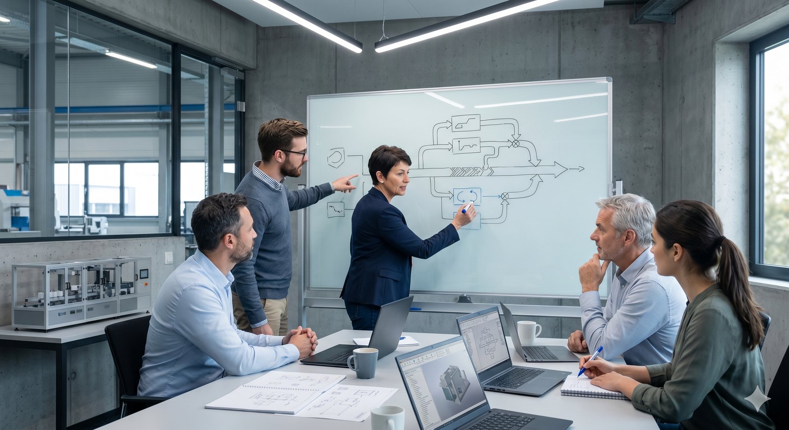 Engineering team discussing a machine architecture at a whiteboard