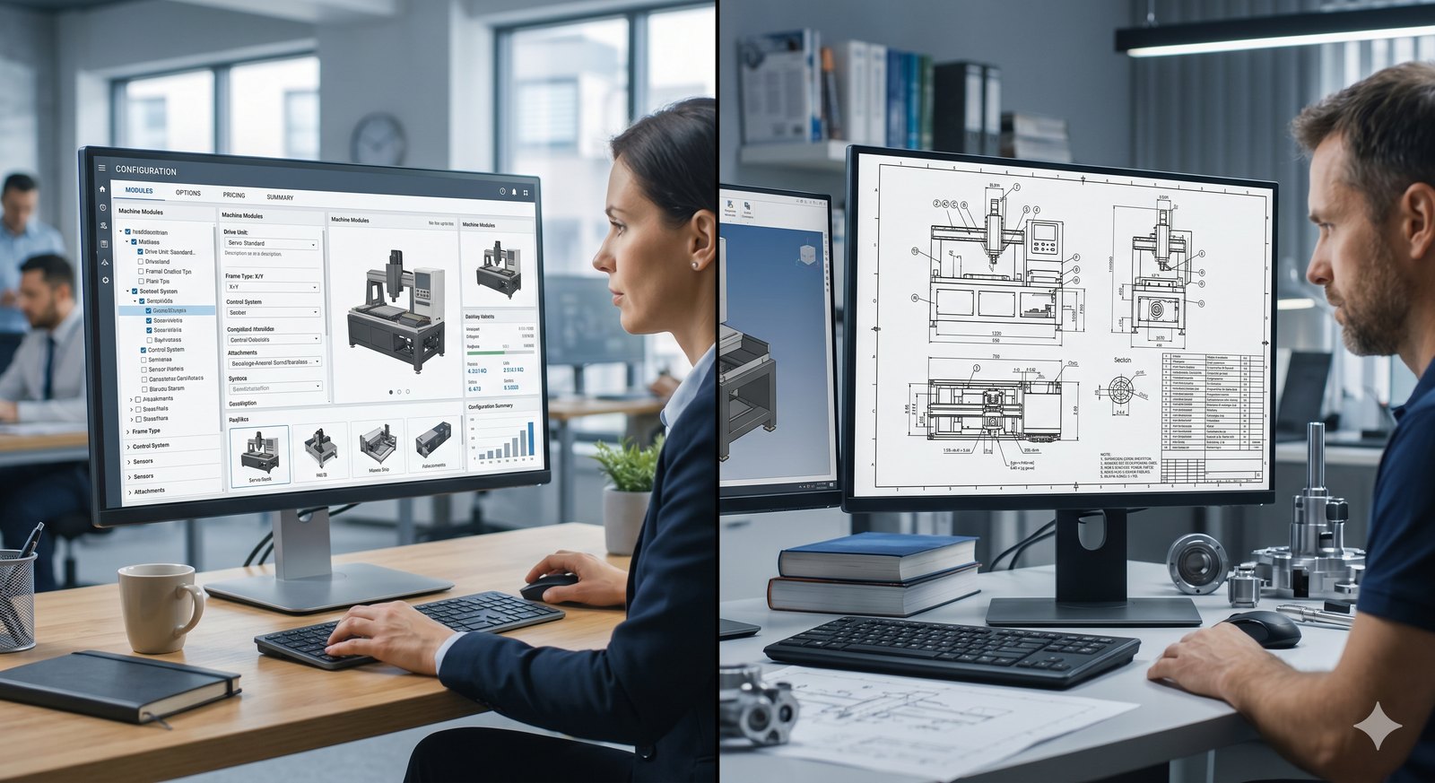 Engineers working on configurable CAD models of a machine