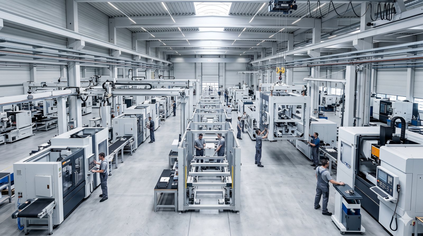 Factory hall with rows of modular production machines