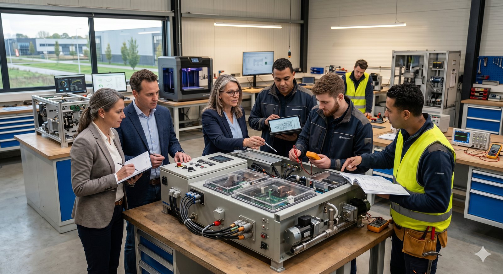 Engineers and technicians reviewing a modular machine on a workshop table