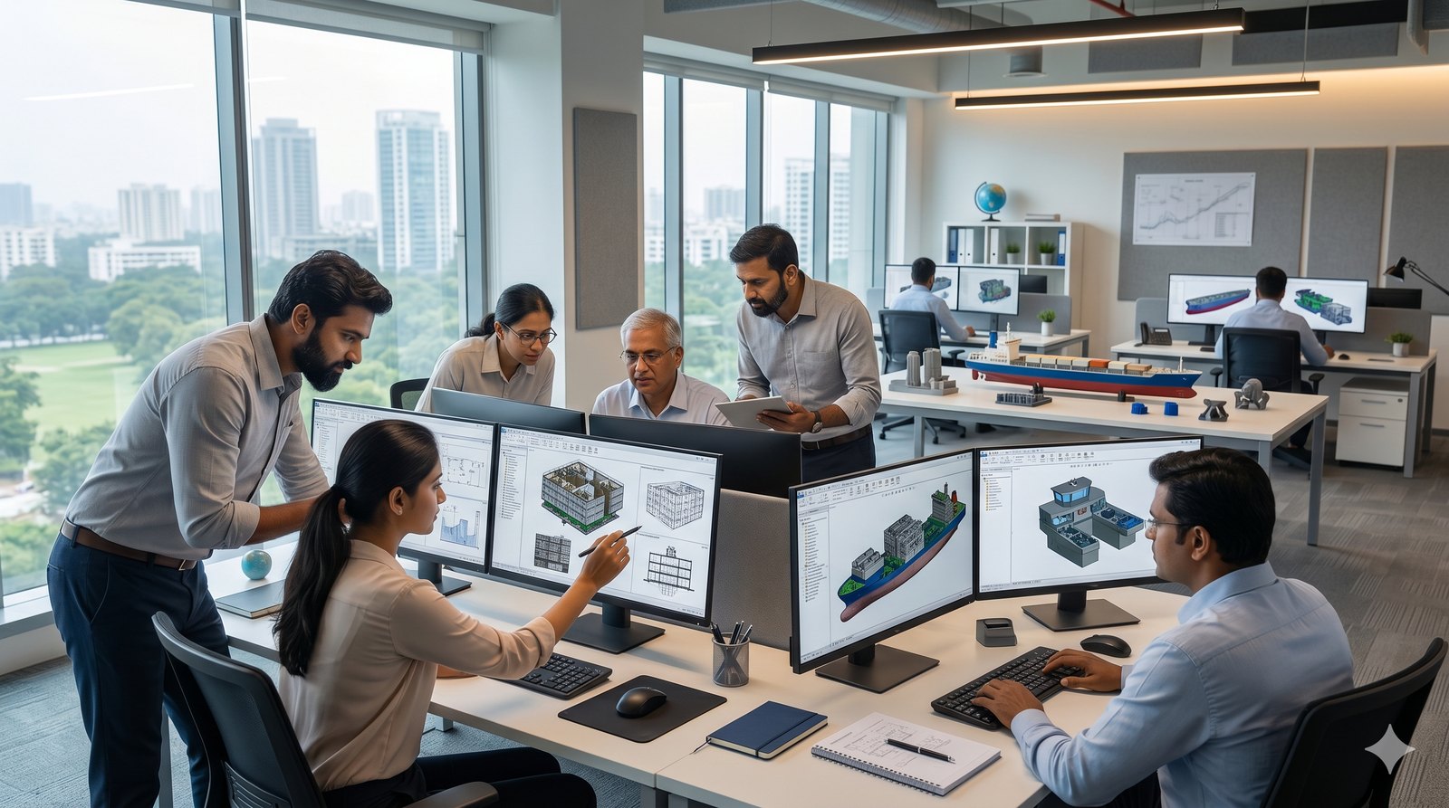 Engineering team in India working on 3D models of yacht modules