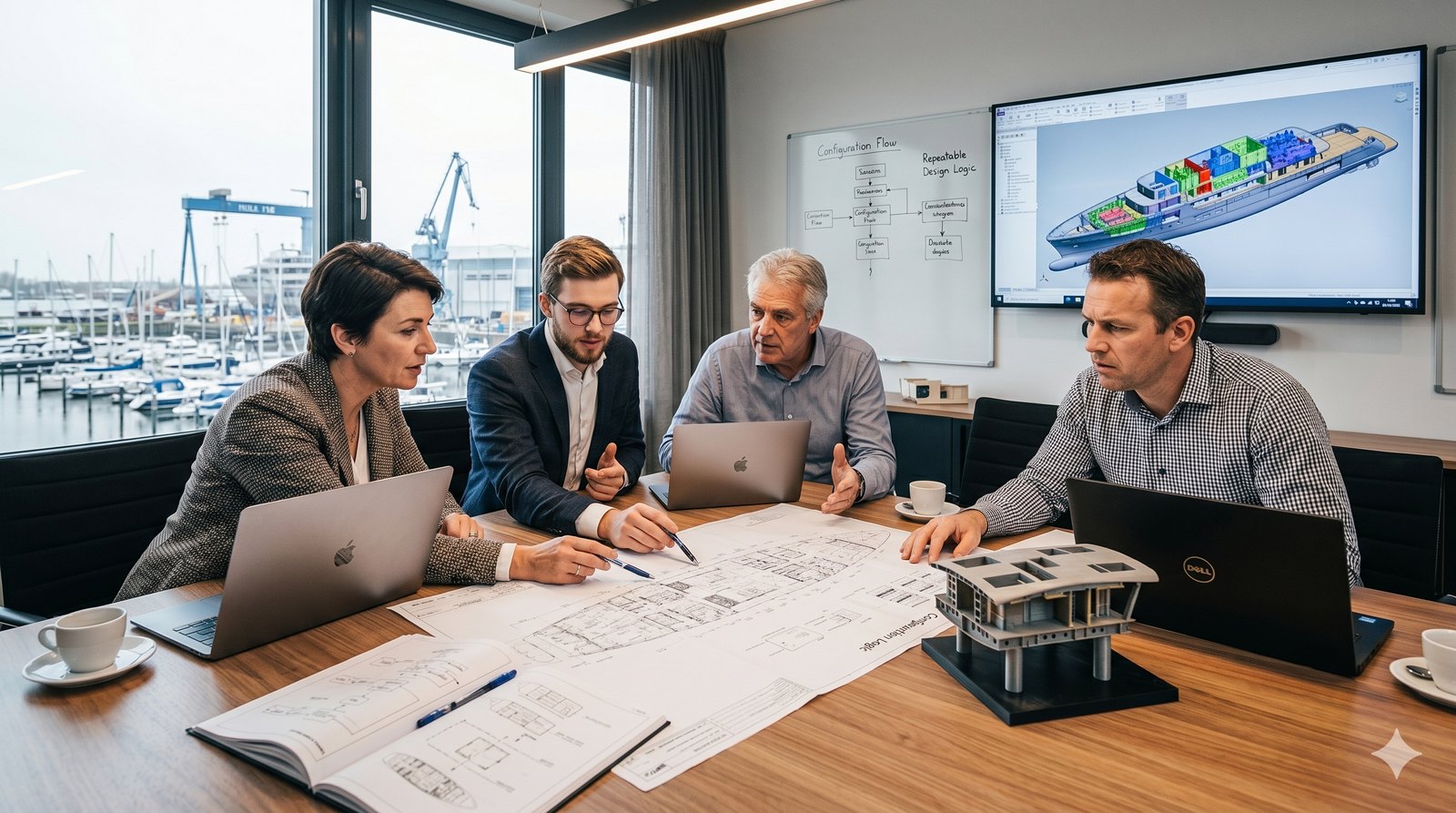Naval architects reviewing the modular layout of a yacht at a meeting table