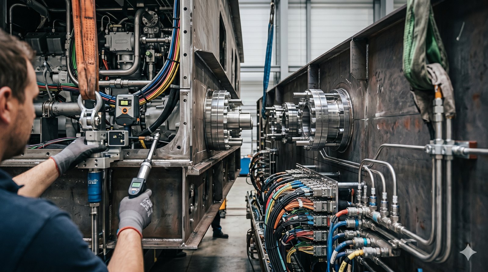 Technician connecting standardized piping and cable interfaces between yacht modules