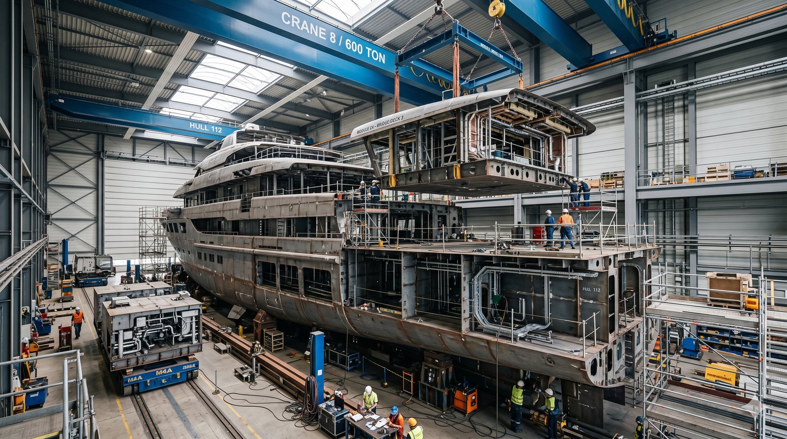 Yacht under construction in a shipyard hall, assembled from prefabricated sections