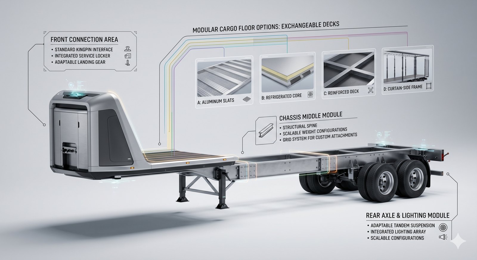 Exploded view of a modular trailer with front connection, chassis, cargo floor and rear axle modules