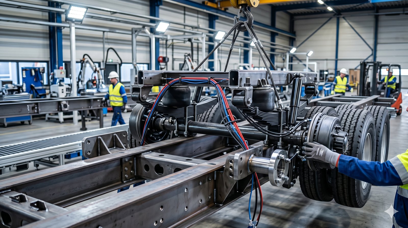 Technician assembling the axle module of a trailer chassis