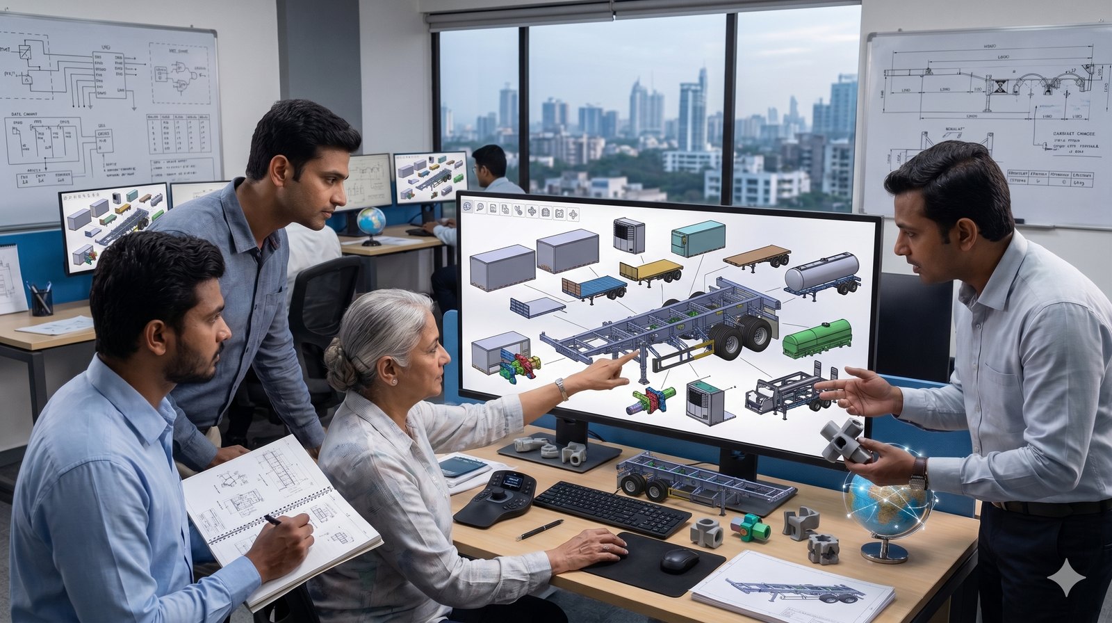 Engineering team in India configuring trailer modules on screen