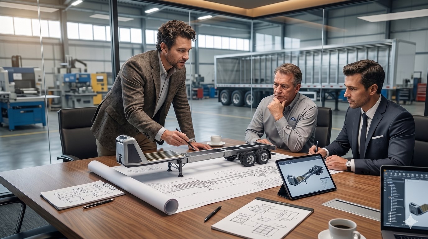 Modular Automotive and Mobility Engineers reviewing a modular trailer design at a table in a trailer factory