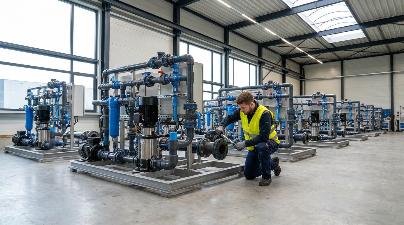 Prefabricated water treatment skid modules being connected in a factory hall