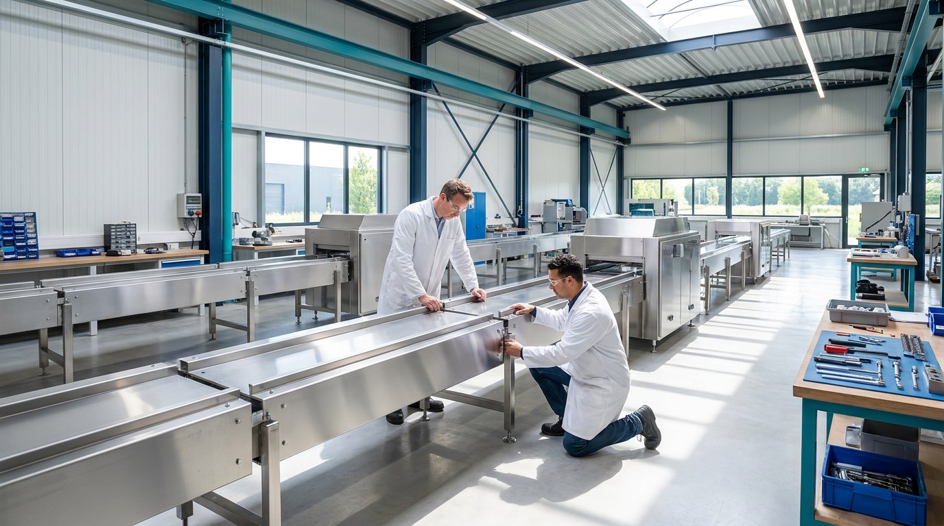Standard stainless steel sections of a food processing line being assembled
