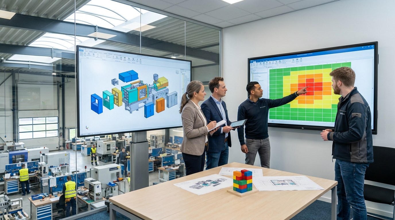 Engineers reviewing a color-coded variation heatmap and an exploded 3D model of a machine