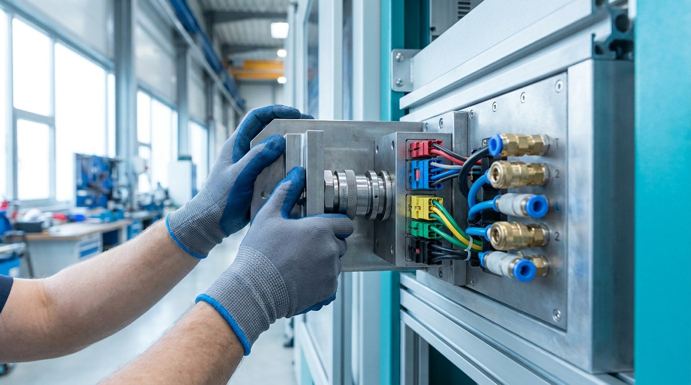 Technician mounting a standardized module onto a machine frame with plug-and-play connectors