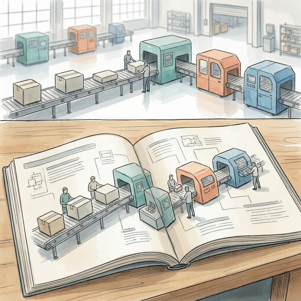 Illustration of an open magazine on a workbench showing a configure to order production line, with the same smooth production line in a factory hall behind it