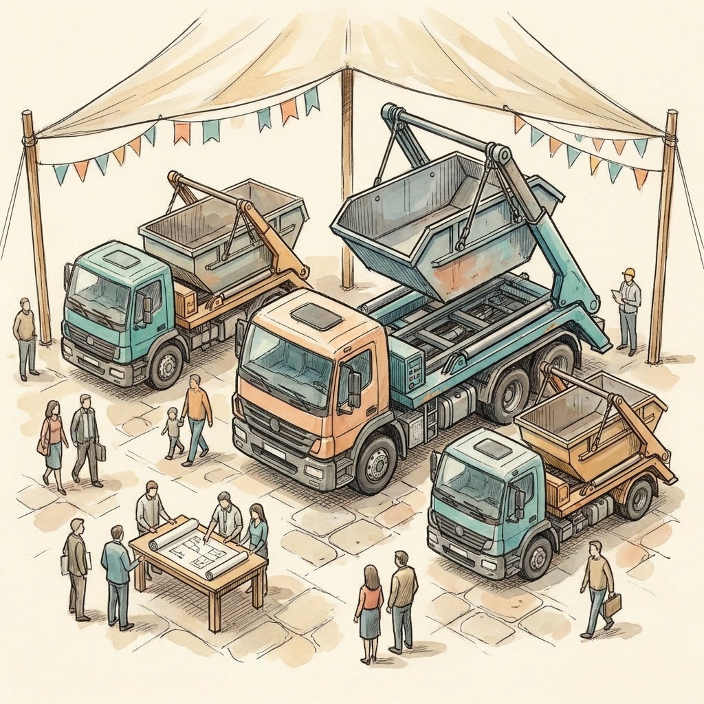 Illustration of three skiploader trucks of one modular product family on an outdoor trade fair stand, with visitors and engineers around a drawing table