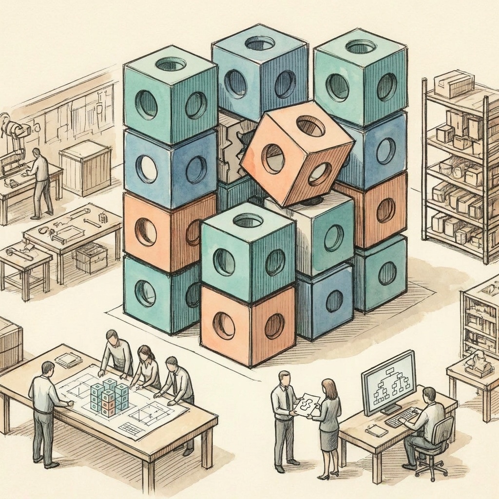 Illustration of a modular structure in an engineering workshop where one module does not fit its interface, while teams work on the product architecture, the product data and a custom sales request