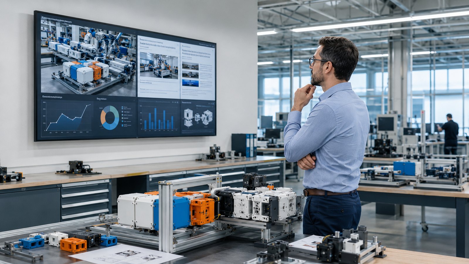 Engineer studying product portfolio data on large screens next to a modular machine
